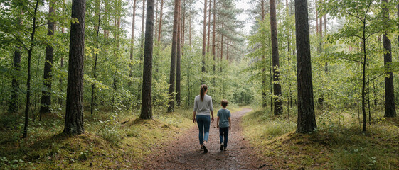 Fototapeta premium Mother and son walking on a forest path in summer