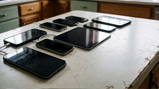 Multiple smartphones and tablets charging on a kitchen counter