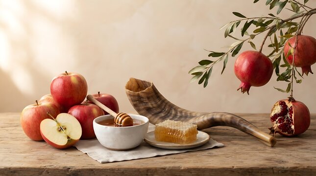 Rosh hashanah celebration with apples, honey, pomegranate, and shofar on a rustic wooden table, symbolizing a sweet new year in jewish tradition