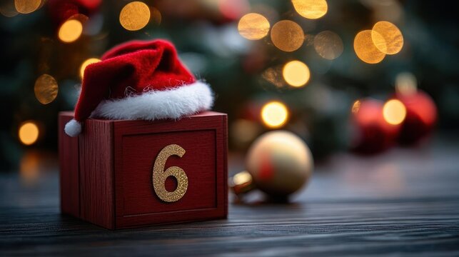 red wooden countdown block with gold number six wearing a small red fur-trimmed holiday hat, surrounded by red and gold ornaments and warm bokeh lights, cozy festive atmosphere