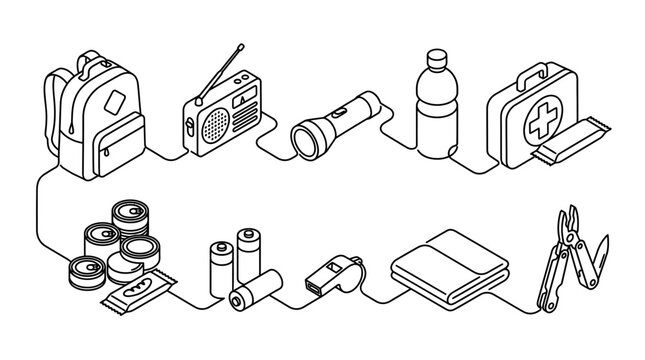 Emergency Survival Kit Essentials Line Art Illustration.