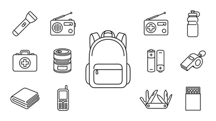 Fototapeta premium Set of survival gear icons for emergency kit and camping preparation.