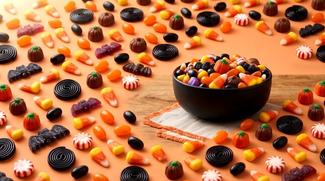 Black ceramic bowl overflowing with mixed Halloween sweets including candy corn and licorice wheels on festive orange pattern surface
