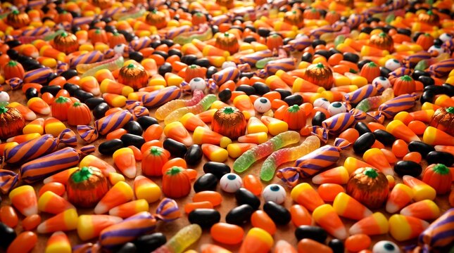 Vibrant Halloween candy assortment featuring candy corn gummy worms and chocolate pumpkins creating a festive seasonal pattern for autumn celebrations