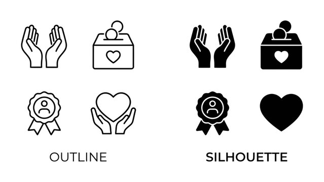 Charity Icons Set: A collection of line and silhouette icons representing charity, compassion, and generosity, featuring hands holding hearts, donation boxes, and award ribbons.