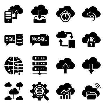 A set of sixteen black cloud computing and database on a white background, featuring servers, sql, and data storage symbols