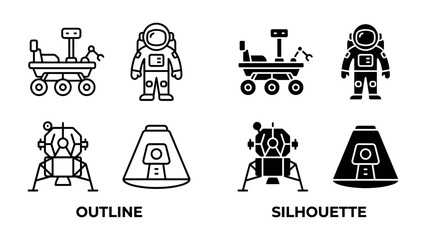 Space Exploration Icons: A set of illustrative icons depicting an astronaut, a lunar rover, and a lunar lander, presented in both outline and silhouette styles. © Jwel