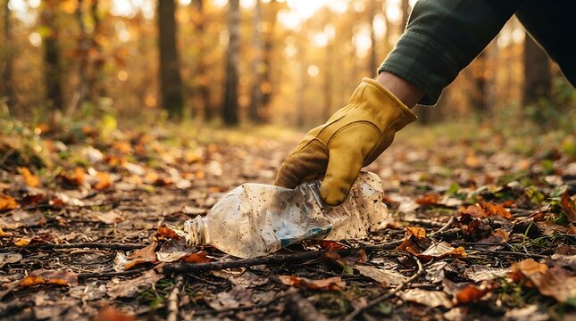 A person wearing a yellow work glove picking up a discarded plastic bottle from the forest floor during autumn, promoting environmental conservation