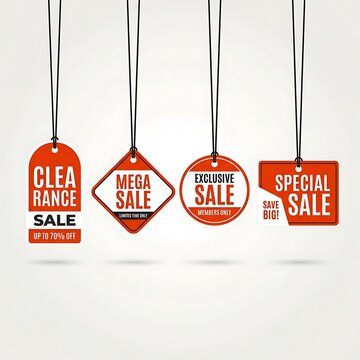 Set of four red sale tags hanging on strings