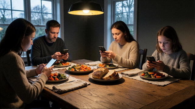 Family sitting at dinner table looking at smartphones instead of talking