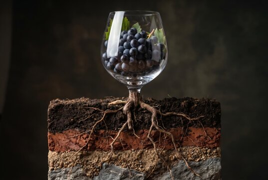 Wine glass with dark grapes growing as vine with roots reaching into cross section of soil layers, terroir and winemaking concept