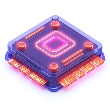 transparent layered square microchip with neon glowing concentric square, four round nodes, parallel glowing bars and gold connector pins, sleek futuristic vibrant energy