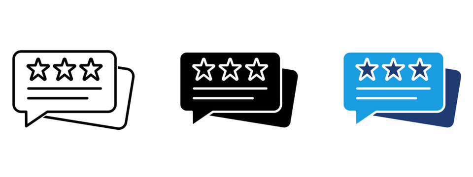 Customer review chat bubble icon set with three star rating. Symbol of user feedback, testimonial comment, rating system, client satisfaction, opinion bubble, and review evaluation.