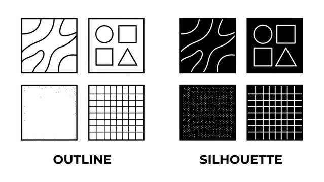 Graphic Design Elements: A split image showcasing basic geometric shapes and patterns in both outline and silhouette formats, illustrating fundamental graphic design principles.