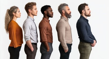 Obraz premium Five diverse adults standing side by side in profile with blurred faces against a white background, neutral and contemplative postures