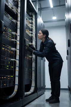 Female IT technician working on server racks in a data center