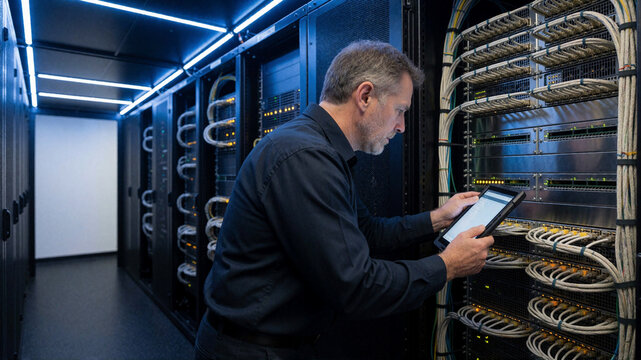 IT Engineer checking server racks with tablet in data center