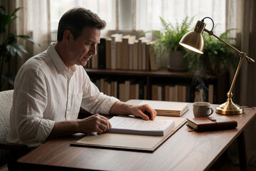 Fototapeta premium Middle-aged man reading documents at a desk in a cozy home office with a lamp and coffee
