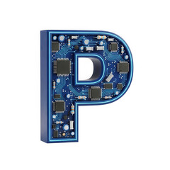 Fototapeta premium Letter P made of blue computer circuit board with electronic chips isolated on transparent background