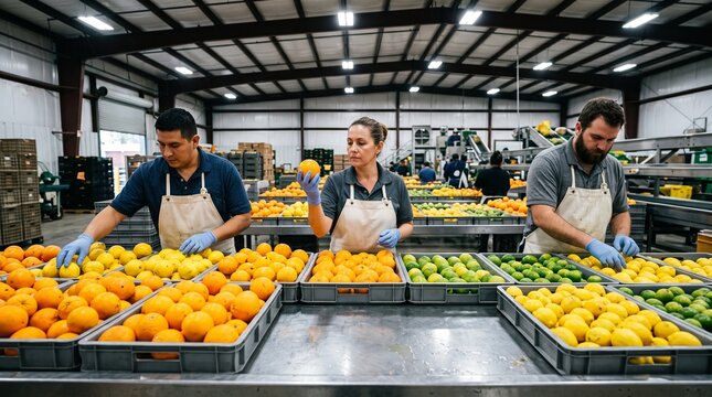 Workers begin a citrus quality check at receiving table