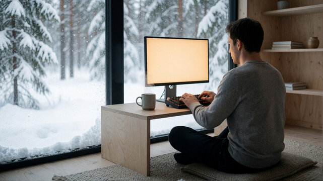 Man working on computer by snowy window, remote work in winter cabin