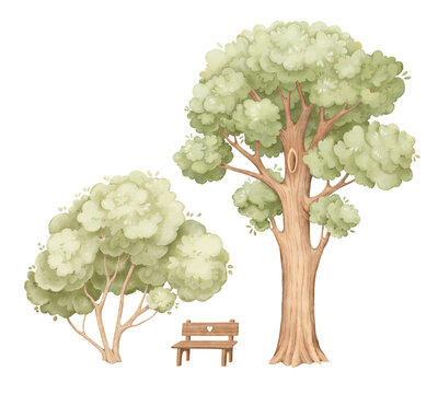 Watercolor beautiful tree with hollow, bush and cute wooden bench. Isolated hand drawn set for your cartoon design wallpaper, poster, mural in kids room or background.