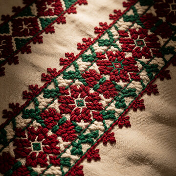 Traditional cross-stitch embroidery pattern on linen fabric, red green and white floral geometric design, folk art texture background