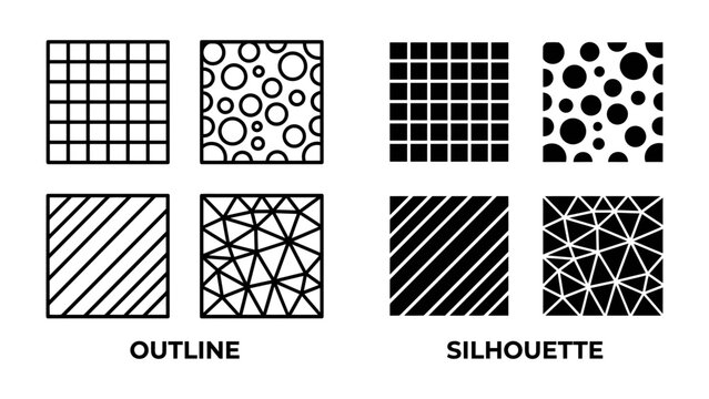 Pattern and Silhouette: A collection of graphic design elements featuring both outline and silhouette versions of geometric patterns including grids, circles, and triangulated forms.
