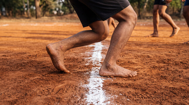 Kabaddi player crossing the midline on a dirt court during a competitive contact sport match.