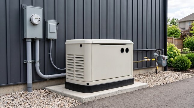 Backup standby generator installed on a concrete pad outside a residential house
