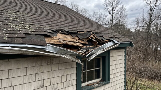 Storm Damaged Residential Roof with Broken Shingles and Bent Gutter