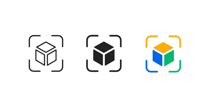 3D Cube Scan Icons &ndash; Outline, Silhouette and Color Vector Set