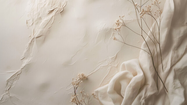 Beige Neutral Textured Background with Dried Flowers and Soft White Fabric