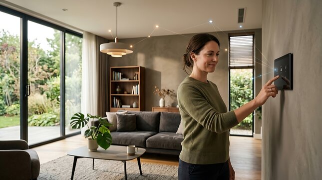 Woman using a smart home wall control panel to adjust lighting and climate settings in a modern luxury living room with large glass windows overlooking a green garden