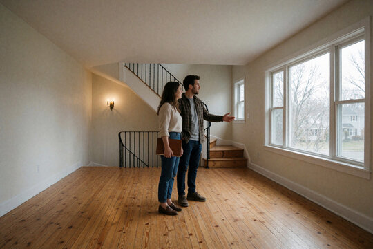 Couple touring empty house looking at windows real estate agent showing property