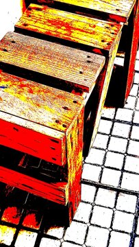 Vibrant red and yellow abstract graphic of wooden pallets and tiled floor. Perfect for grunge design, modern art backdrops, high-contrast posters, and creative wallpaper backgrounds.
