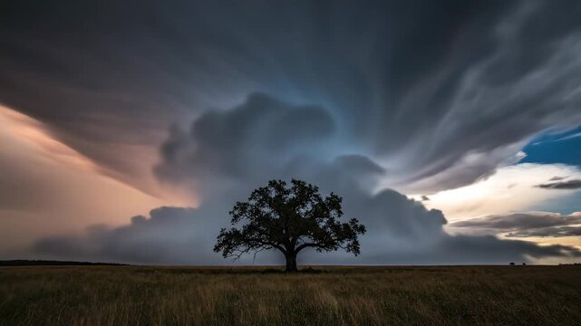 A large tree stands alone in an open field as dark clouds gather above. The sky shows variations in blue and gray during the late afternoon time. Grass sways gently in the breeze