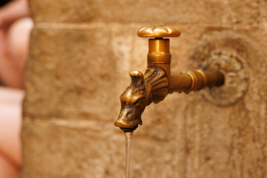 Bronze Duck Head Public Water Tap with Blurred Stone Background, Corniglia