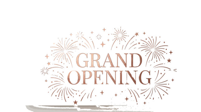 Elegant grand opening announcement card features shiny rose gold foil typography and festive firework art motifs