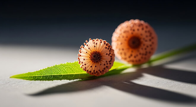 Macro view of spiky round plant seeds resting on a green leaf with botanical