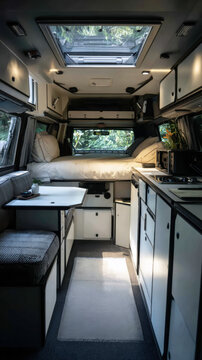 Cozy living space inside a camper van with a kitchen, dining area, and bed setup in the woods during daytime