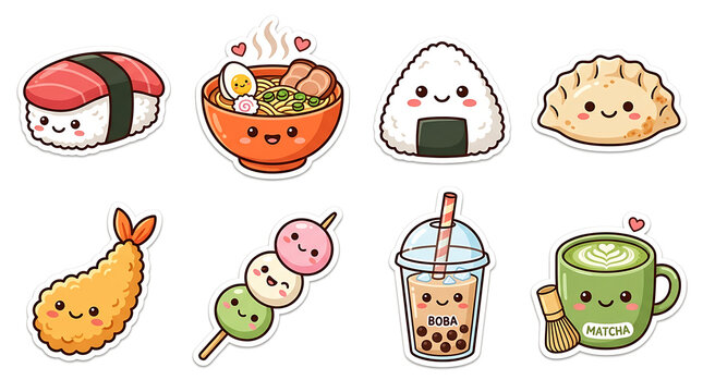 Cute Kawaii Japanese Food and Drinks Collection with Happy Faces.