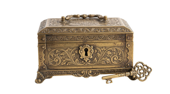 Vintage brass jewelry box with ornate floral engravings. Antique metal treasure chest with skeleton key. Decorative bronze storage casket. isolated PNG with Transparent Background
