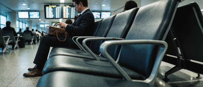 Businessman waiting in airport terminal with briefcase