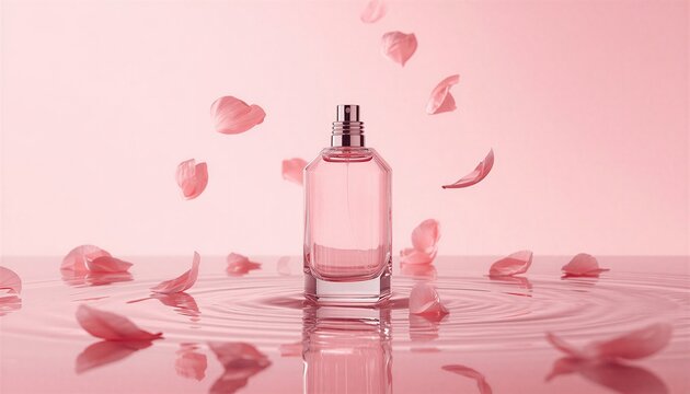 Blank luxury glass perfume bottle mockup with floating flower petals on water surface