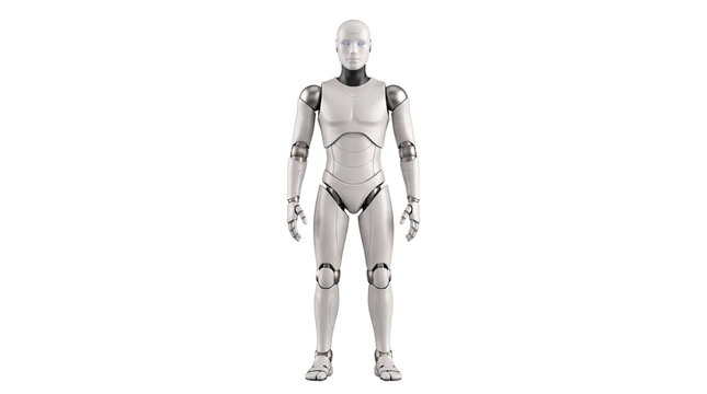 Futuristic white humanoid robot standing on white background, sleek android cyborg figure, robotic man with metallic joints