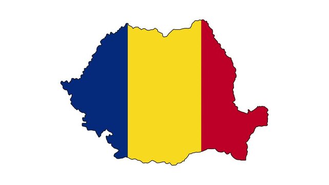 Romania Map Outline Country Border on white.  Flag of  Romania. Animated Video. 4k Resolution.