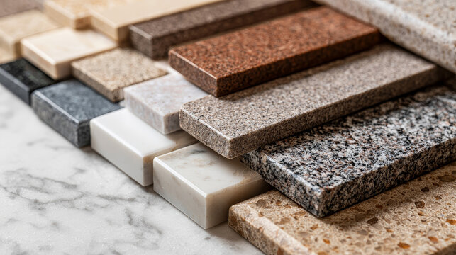 Natural Granite Marble and Quartz Countertop Samples on White Carrara Marble