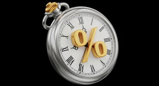 A silver pocket watch with a gold percent sign on the face illustration