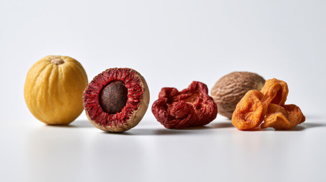 Fresh nutmeg transformation showing whole yellow fruit, opened fruit with vivid red mace surrounding the dark seed, dried mace and whole nutmeg on a clean white background